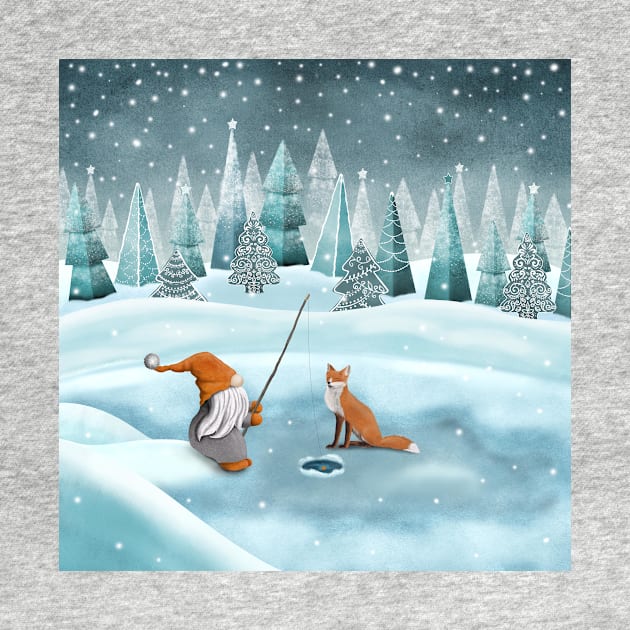 Nordic gnome and red fox fishing winter watercolor illustration. Scandinavian gnome on snowy landscape. Fantasy winter forest. by likapix